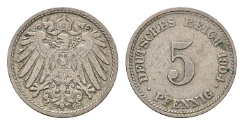 Германия 5 пфеннигов 1904 D, Вильгельм II (1888-1918) KM 11, J. 12 медно-никель 4632-1262