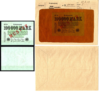 Германия 100000 марок 1923 25 июля, MUSTER, образец, Specimen. В оригинальном банковском конверте. Из коллекции Отто Сейфферта (помощник Ялмара Шахта - министра экономики Германии и президента Рейхсбанка времен третьего рейха) Pick 91 s, Grabowski DEU 102