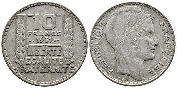 Франция 10 франков 1934 Пьер Тюрен KM 878, Le Franc 360.7 серебро 60-246