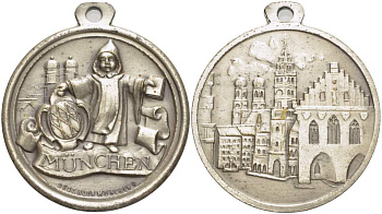 БАВАРИЯ МЕДАЛЬ ND МЮНХЕНСКИЙ МАЛЬЧИК, СИМВОЛ МЮНХЕНА, С КОЛЬЦОМ ДЛЯ ПОДВЕСКИ, ДИАМЕТР 39 ММ. белый металл 1084-4-53