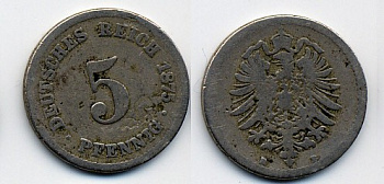 ГЕРМАНИЯ 5 ПФЕННИГОВ 1875 B, СТАРОГЕРБОВКА KM 3, J.3 медно-никель 46-157