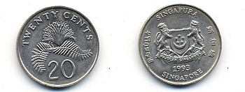 Сингапур 20 центов 1993 KM 101 медно-никель 76-635