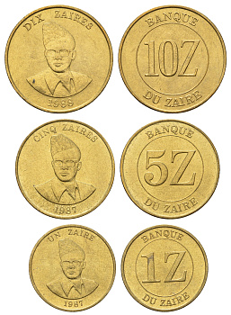 Заир набор из 3 монет (1, 5 и 10 заиров) 1987 и 1988 год-тип KM 13, 14 и 19 латунь UNC 4675-1233-1235
