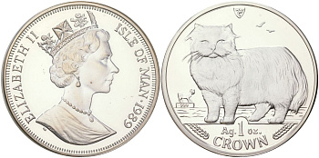 Остров Мэн 1 крона 1989 Персидская кошка KM 250a серебро PROOF 11-040-45