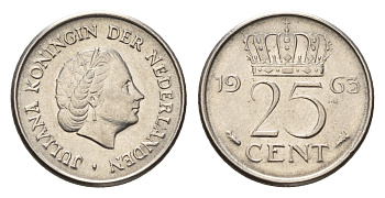 Нидерланды 25 центов 1963 Юлиана (1948-1980) KM 183 никель 4658-825