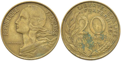 ФРАНЦИЯ 20 САНТИМОВ 1962 ТИП MARIANNE KM 930, LE FRANC 156.2 медь алюминий никель 175-755