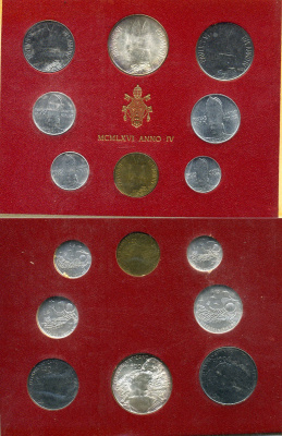 Ватикан набор из 8 монет 1966 1, 2, 5, 10, 20, 50, 100, 500 лир, в оригинальном буклете KM MS70 серебро UNC 8-1-01-13