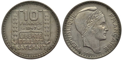 ФРАНЦИЯ 10 ФРАНКОВ 1947 ТИП TURIN, PETIT TETE KM 909.1, LE FRANC 362.1 медно-никель 27-824