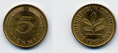 ФРГ 5 ПФЕННИГОВ 1988 J KM 107, J. 382 сталь плакированная латунью 36-826