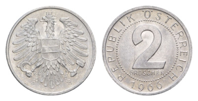 Австрия 2 гроша 1966 KM 2876 алюминий aUNC 4632-636
