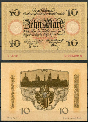 Германия, Дрезден 10 марок 1918 нотгельд, 1.11.1918, reihe F Geiger 108.04  бумага  UNC (пресс) 000-00-00
