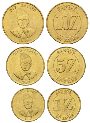 Заир набор из 3 монет (1, 5 и 10 заиров) 1987 и 1988 год-тип KM 13, 14 и 19 латунь UNC 4675-1233-1235