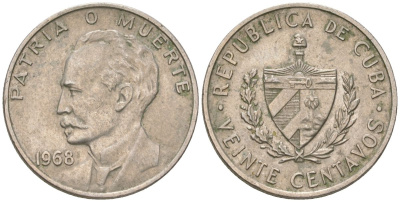 Куба 20 сентаво 1968 Хосе Марти KM 31, Y 25, Schoen 29 медно-никель 4513-1126