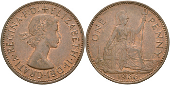 Великобритания 1 пенни 1966 Елизавета II (1952-2022) КМ 897, Spink 4157 бронза    4110-424
