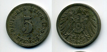 ГЕРМАНИЯ 5 ПФЕННИГОВ 1900 A, KM 11, J. 12 медно-никель 58-1231