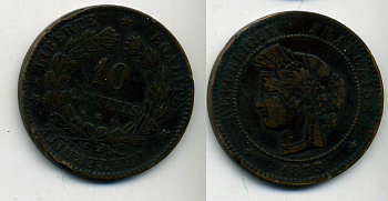 ФРАНЦИЯ 10 САНТИМОВ 1873 K, ТРЕТЬЯ РЕСПУБЛИКА (1871-1940) KM 815.2, LA FRANC 135.11 бронза 41-1146