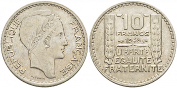 Франция 10 франков 1948 тип Пьер Турин KM 909.1, Le Franc 362.3 медно-никель 77-923