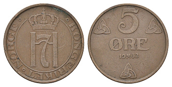 Норвегия 5 эре 1932 Хокон VII (1905-1957) KM 368 бронза 4660-927