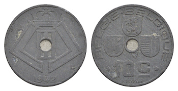 Бельгия 10 сантимов 1942 Belgie - Belgique, Леопольд III (1934-1947), германская оккупация, Вторая мировая война KM 126 цинк 4639-114