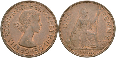 Великобритания 1 пенни 1966 Елизавета II (1952-2022) КМ 897, Spink 4157 бронза    4110-424