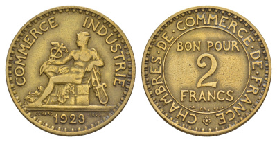 Франция 2 франка 1923 KM 877 алюминиевая бронза 4657-553