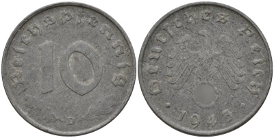 Германия 10 рейхспфеннигов 1943 D KM 101, J.371 цинк 4151-248
