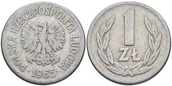 Польша 1 злотый 1965 MW KM 49.1, Parchimowicz 213b алюминий 117-924