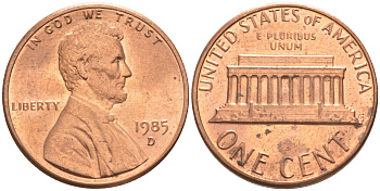 США 1 ЦЕНТ 1985 D, ЛИНКОЛЬН KM 201b цинк плакированный медью UNC 187-723