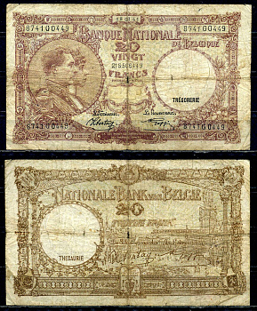 Бельгия 20 франков 1941 18.08.1941, Король Альберт I и его жена Королева Елизавета, Гран-Плас / Гроте Маркт, Брюссель Pick 111 (2) бумага 6301-29-1-2