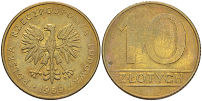 ПОЛЬША 10 ЗЛОТЫХ 1989 MW KM 152.2 латунь 106-645