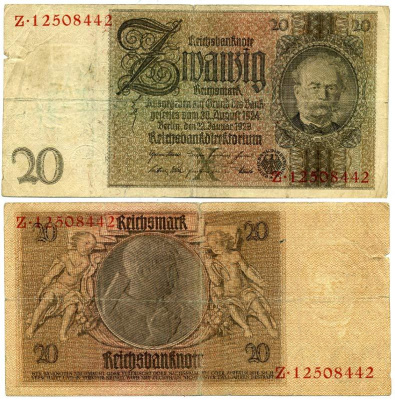 ГЕРМАНИЯ 20 РЕЙХСМАРОК 1929 Pick 181a бумага 3295-75-2