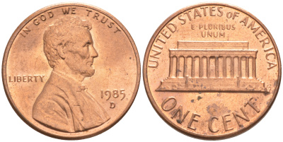 США 1 ЦЕНТ 1985 D, ЛИНКОЛЬН KM 201b цинк плакированный медью UNC 187-723
