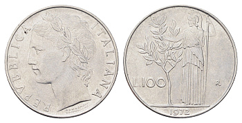 Италия 100 лир 1972 R, Афина в доспехах KM 96.1 нержавеющая сталь 4704-717