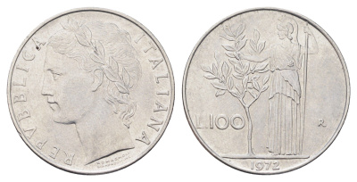 Италия 100 лир 1972 R, Афина в доспехах KM 96.1 нержавеющая сталь 4704-717