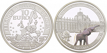 Бельгия 10 евро 2010 100 лет королевскому музею Африки, слон, эмаль KM 291 серебро PROOF 01-166-14