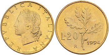Италия 20 лир 1994 R, дубовый лист KM 97.2 алюминиевая бронза  UNC  4594-916