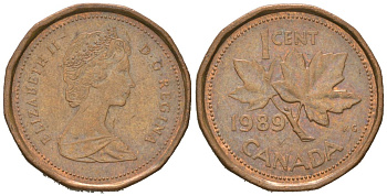 Канада 1 цент 1989 Елизавета II (1952-2022), кленовый лист KM 132 бронза 4618-445