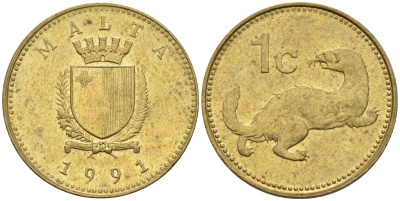 Мальта 1 цент 1991 ласка, горностай KM 93 никель латунь 4585-1214