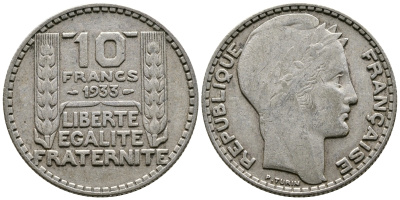 Франция 10 франков 1933 Пьер Тюрен KM 878, Le Franc 360.6 серебро 61-636