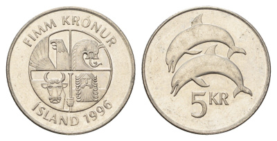 Исландия 5 крон 1996 дельфины KM 28a сталь плакированная никелем UNC 4586-457