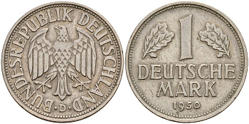 ФРГ 1 марка 1950 D KM 110, J. 385 медно-никель 4159-1024