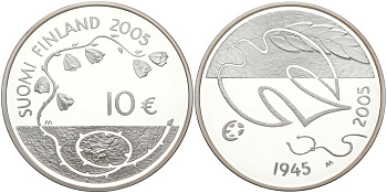Финляндия 10 евро 2005 60 лет мира в Европе, голубь мира KM 120 серебро PROOF 11-345-44
