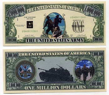 США 1000000 ДОЛЛАРОВ 2001 СУВЕНИРНАЯ БАНКНОТА, СЕРИЯ АМЕРИКАНСКАЯ АРМИЯ, ПЕХОТИНЦЫ, МЫ У ВАС В ДОЛГУ, ГЛАВНОКОМАНДУЮЩИЙ ДЖ. БУШ, ГОССЕКРЕТАРЬ КОЛИН ПАУЭЛ бумага UNC (ПРЕСС) 8588-66-2-1
