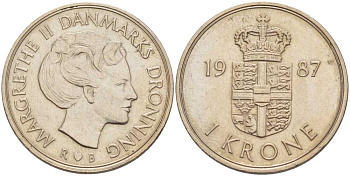 ДАНИЯ 1 КРОНА 1987 R;B, МАРГРЕТЕ II (1972-) KM 862.3 медно-никель 202-833