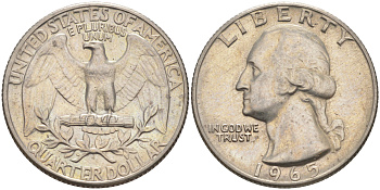 США 25 центов (квотер) 1965 Вашингтон KM 164a медь плакированная медно-никелем 08-625