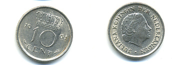 НИДЕРЛАНДЫ 10 ЦЕНТОВ 1961 ЮЛИАНА KM 182 никель 83-962