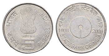 Индия 5 рупий 2006 200 лет Государственному банку Индии KM 357a нержавеющая сталь UNC 4656-243