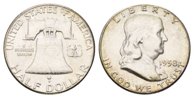 США 1/2 доллара (50 центов) 1958 Бенджамин Франклин, тип - 1, колокол KM 199 серебро aUNC 1530-1421