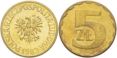 ПОЛЬША 5 ЗЛОТЫХ 1983 MW KM 81.1 латунь UNC 89-1551