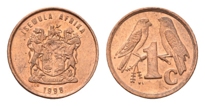 ЮАР 1 цент 1998 герб, капские воробьи KM 170 сталь плакированная медью UNC 4694-227